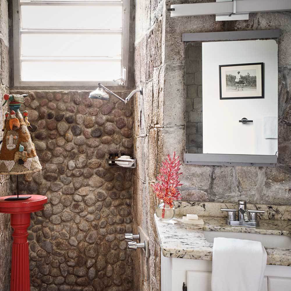 Bathroom in Sugar Mill at Golden Rock Inn in Nevis. Best family hotels in Caribbean