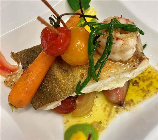 Cod, Beets, Cherry Vine Tomatoes and Prawn Dish