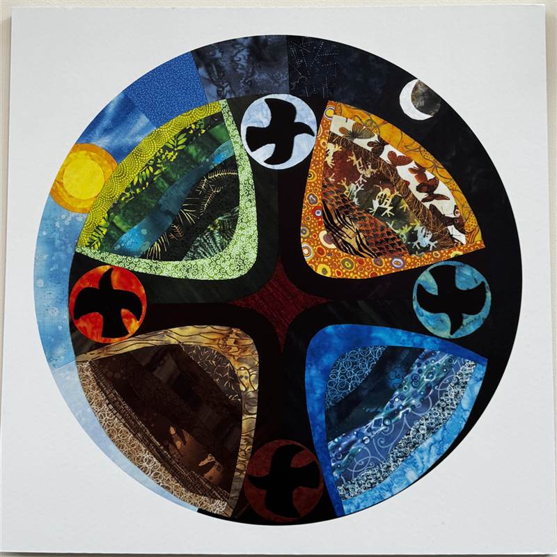 an image of art with a cross shape and drawings of birds and seasons