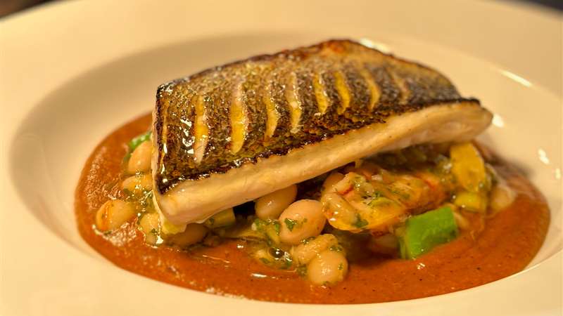 seabass with romesco, octopus and coco d